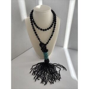 Victorian Jet Black Faceted Beaded Mourning Necklace with Turquoise Accent